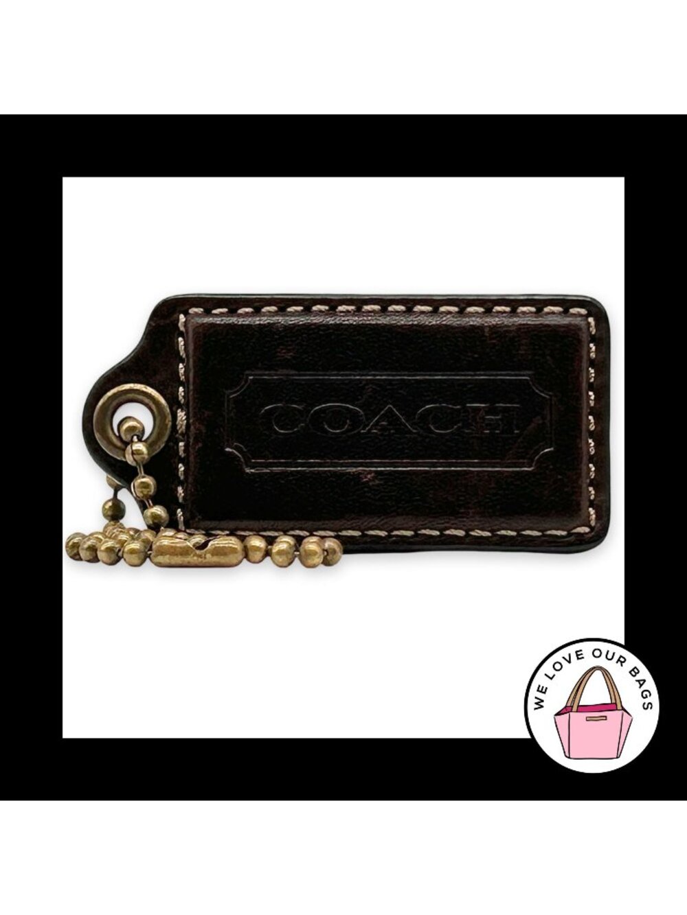 COACH HANG TAG 2.5" Brown Leather Bag Charm Keychain Fob Antique Brass Large